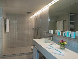 a bathroom with a sink and a shower and a mirror at Hotel Astoria in Luzern