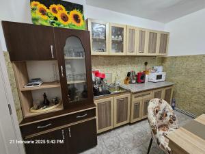 Una cocina con gabinetes de madera y una encimera con girasoles. en Mariachi's Dream House, en Orşova