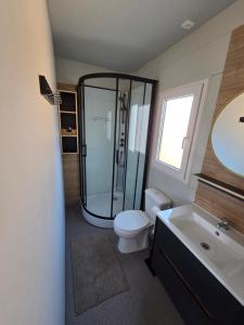 a bathroom with a shower and a toilet and a sink at Villa 11 Limoni in Sukošan +25 photos