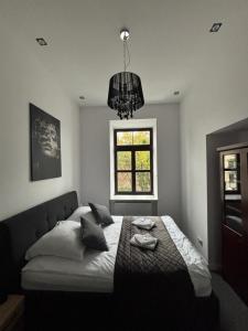 a bedroom with a bed with a chandelier and a window at Apartamenty Łuczkowskiego z widokiem na Studnię 5 in Chełm