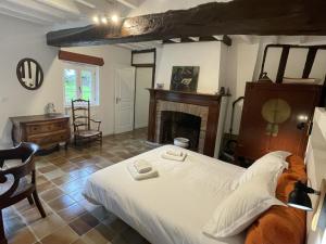 a bedroom with a large bed and a fireplace at Clos de Leger in Pleine-sève