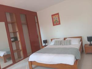 a bedroom with a large bed and a mirror at Resid Home ACACIA in Moanda