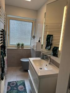 ein Badezimmer mit Waschbecken, Toilette und Fenster in der Unterkunft Schwarzer Schwan in Kleve + 11 Fotos