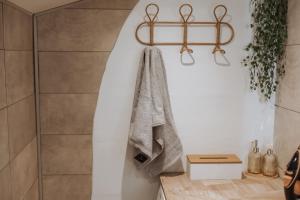 a bathroom with a towel hanging on a wall at Le Cocon de bord de Seine in La Mailleraye-sur-Seine +27 photos