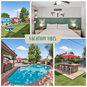 a collage of pictures of a villa with a swimming pool at Pineapple Oasis - Heated Pool, ASU, Sleeps 12 in Tempe