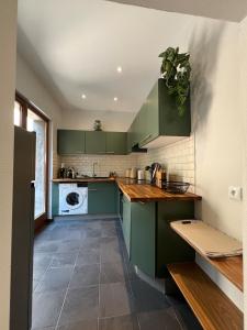 een keuken met groene kasten en een wasmachine en droger bij L'Appart De Papa in Saverne