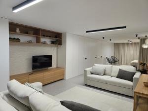 a living room with two white couches and a television at SecretWaters Studio in São Jacinto