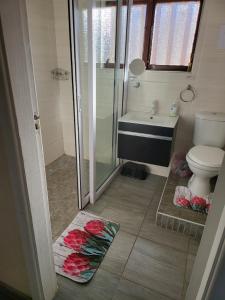 ein Badezimmer mit Dusche, Toilette und Waschbecken in der Unterkunft Catalina Bay Beach Retreat - Blue Whale Beach House in Hibberdene