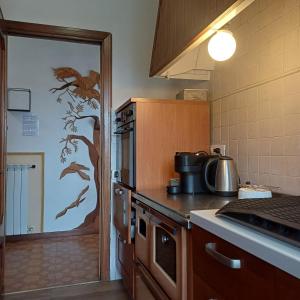 a kitchen with a door with a painting of birds on the wall at Desiree Holiday Inn in Le Grazie +8 photos