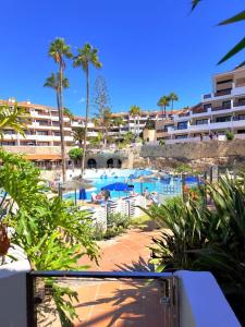 Blick auf den Pool des Resorts mit Palmen in der Unterkunft Appartamento Parque Albatros vista piscina e mare in San Miguel de Abona