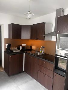 een keuken met houten kasten, een wastafel en een magnetron bij Maison cosy proche saint-leu et centre-ville in Amiens