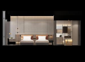 una camera con due letti e un tavolo con cucina di Holiday Inn Beijing Daxing Centre by IHG a Pechino