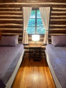 GrantsboroにあるBlue Fish Cabin – Your Lakeside Getaway Awaitsのベッドルーム1室(ベッド2台、ランプ付きテーブル付)