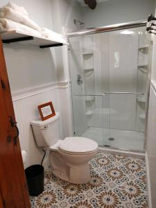 GrantsboroにあるBlue Fish Cabin – Your Lakeside Getaway Awaitsのトイレとガラスのシャワー付きのバスルーム +25枚の写真