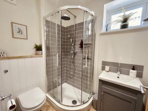a bathroom with a shower and a toilet and a sink at The Light Keepers Retreat in Cromer +19 photos