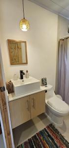 a bathroom with a sink and a toilet and a mirror at Casita Ola N en Caribe Sur in Talamanca +12 photos
