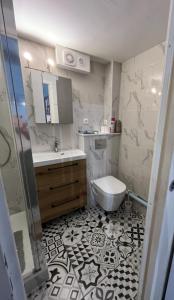 een badkamer met een toilet, een wastafel en een douche bij LE MIRABILIS in La Motte +15 foto's