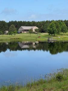 ein großer See mit einem Haus im Hintergrund in der Unterkunft Whispering Pines Retreat, Secluded Cabin with Hot Tub & Pond in Jacksonville