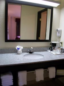 lavabo en el baño con un espejo grande encima. en Americas Best Value Inn Romulus/Detroit Airport en Romulus