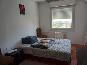 mała sypialnia z łóżkiem i oknem w obiekcie Sobe AURORA Nehruova 82 w Belgradzie