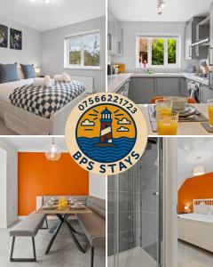 セント・ヘレンズにあるST Helens 5 beds 3bath Fast WIFI Parkingの台所と寝室の絵画のコラージュ