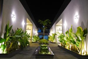 a courtyard with plants in a building at night at Flat Bélgica Piscina e Conforto in Olímpia