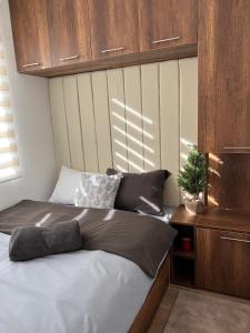 a bedroom with a bed with wooden cabinets at Jahorina Aspen 4 in Jahorina