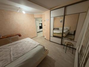 a bedroom with a bed and a large mirror at Simple and accessible in Durleşti