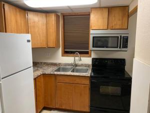 una cocina con fregadero y microondas en Moose 2 bedroom lower, close to downtown, en Slaterville