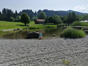 a child sitting in front of a river with animals at Ferienwohnungen Auszeit Roßhaupten in Roßhaupten
