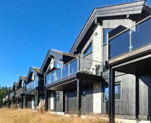 a row of houses with glass balconies at Modern Cabin In Norefjell With Sauna in Surteberg