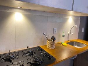 a kitchen counter with a stove and a sink at Casa Nativa Tatajuba in Camocim