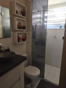 un bagno con wc e doccia in vetro di Apartamento aconchegante 10 minutos de Penedo a Resende