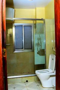 une salle de bain avec toilettes et douche dans l'établissement James Apartments, à Djouba