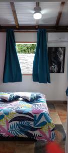 a bedroom with a bed with blue curtains and a window at Bungaillou in Lamentin