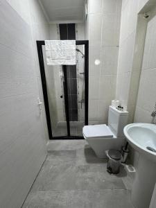 une salle de bain avec une douche, des toilettes et un lavabo dans l'établissement gallelius, à Istanbul