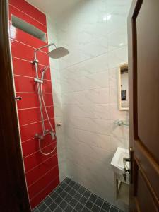 a bathroom with a shower with a red wall at Nouvelle route omnisports meublé in Yaoundé