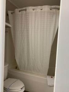 Un baño con inodoro y cortina de ducha. en Days Inn by Wyndham Clinton, en Clinton 16 fotos más
