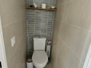 a small bathroom with a toilet and a tiled wall at Ravissant T2 aux Issambres avec Piscine et Climatisation - FR-1-768-126 in La Garonnette-Plage