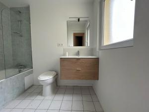 a bathroom with a toilet and a sink and a mirror at Maison près de la plage pour 6 pers. avec WiFi - FR-1-197-638 in Les Sables-dʼOlonne +13 photos