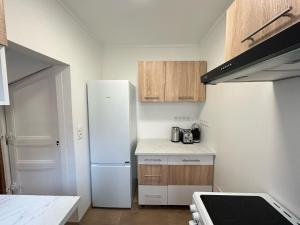 a kitchen with a white refrigerator and wooden cabinets at Maison près de la plage pour 6 pers. avec WiFi - FR-1-197-638 in Les Sables-dʼOlonne