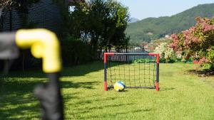 una pelota de fútbol sentada en la hierba al lado de un gol en Yangpyeong The On Private Kids Pension, en Yangpyeong 3 fotos más