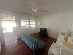 a living room with a bed and a television at T2 Grande chambre in Kourou