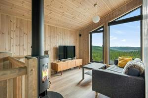 een woonkamer met een open haard en een televisie bij Mountain Cabin With Panoramic Views In Norefjell in Runn
