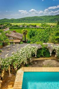 an overhead view of a garden with a swimming pool and flowers at Tuscan Country House With Pool And Spa in Capolona