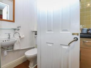 a white bathroom with a toilet and a sink at Maesawel Studio in Harlech +5 photos