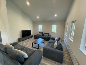 a living room with two couches and a flat screen tv at Wakaba Niseko 新築1棟貸切 in Rankoshi