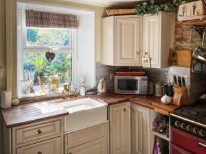 a kitchen with a sink and a microwave and a window at Magnolia Cottage in Staunton
