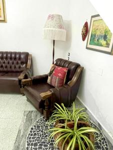 a living room with a leather chair and a lamp at Centro Storico Di Tea in Turi
