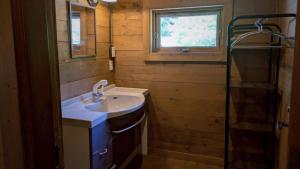 a small bathroom with a sink and a window at 自然豊かな森の中に静かに佇むログハウス #貸別荘 #一棟貸切 #グループ旅行や家族旅行におすすめ #広々吹き抜けリビング #BBQのできるウッドデッキ #ジブリ風空間 #満天の星空 #鋸南 #南房総 #komorebi in Kyonan +23 photos